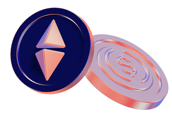 3D rendering showcasing Ethereum and USDC coins, symbolizing the integration of major cryptocurrencies in digital transactions.